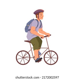 Boy riding sport bicycle isolated flat cartoon character. Vector illustration of guy on mountain bike with backpack, sport biker young cyclist, happy child