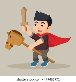 Boy Riding Stick Horse And Holding Wood Sword