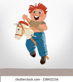 Boy riding a stick horse. Vector illustration