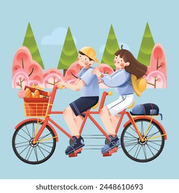 Boy Riding A Tandem Bicycle Taking A Girl To A Picnic