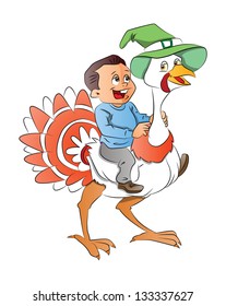 Niño montando una Turquía, ilustración vectorial
