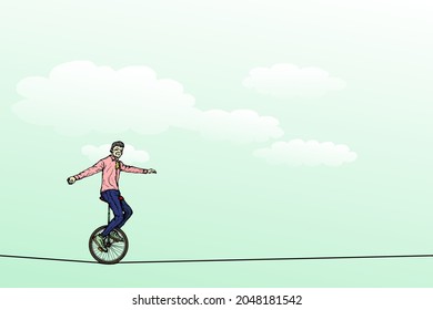 A boy riding a unicycle on a tightrope highup in the sky. Hand drawn vector illustration.