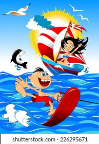boy riding water board  vector   illustration