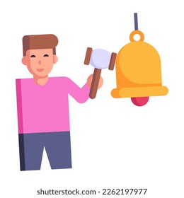 Boy ringing school bell with hammer, flat icon 