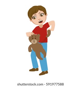 Boy Ripping Apart Teddy Bear, Part Of Bad Kids Behavior And Bullies Series Of Vector Illustrations With Characters Being Rude And Offensive