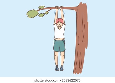 Boy risks falling from tree, hangs on branch and holds on with all strength due to inattention of parents. Child risks of injury because disobeyed mom and dad and climbed onto wood