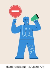 Muchacho con la señal de parada de la carretera en la mano. Concepto de normas de seguridad vial para niños. Ilustración vectorial colorida
