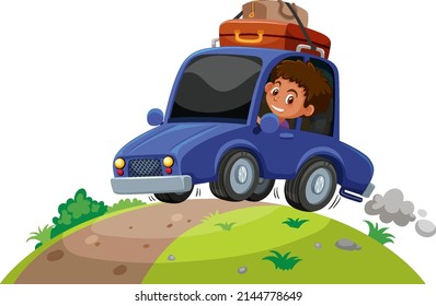 A boy in a road trip travel car illustration