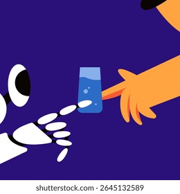 Boy and robot drinking clean fresh water. Healthy hydration with pure water liquid. Characters with glass. Flat vector illustration on white background.