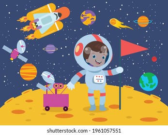 Boy with robot exploring the moon cartoon 2d vector concept for banner, website, illustration, landing page, flyer, etc.