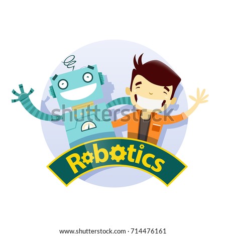 Boy and robot are near each other and greet us. Vector emblem of robotics.