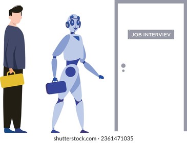 A boy and a robot standing outside a job interview room.