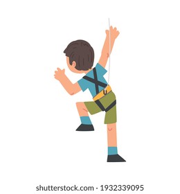 Boy Rock Climber Character, Back View of Cute Kid Wearing Shorts and T-shirt Climbing Wall Cartoon Style Vector Illustration