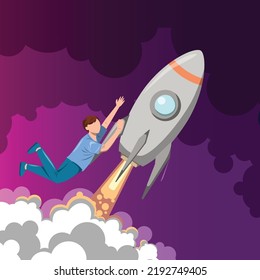 Boy with rocket, Business boost concept, Company and personal career success, flat illustration icon
