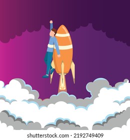 Boy with rocket, Business boost concept, Company and personal career success, flat illustration icon