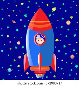 boy in a rocket starry night sky vector illustration