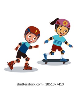 a boy roller skating and a girl skateboarding happily with helmet