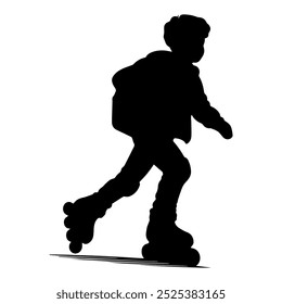 Boy is rollerblading with a backpack on his back,