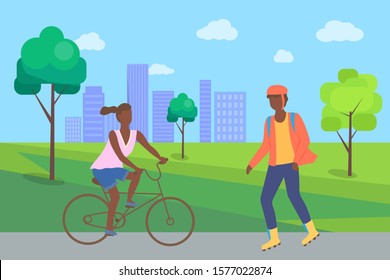 Boy rollerblading in casual clothes and afro-american woman riding on bike, people in city part. Man wearing helmet, person on rollerblades, urban activity vector. Flat cartoon