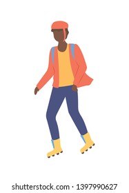 Boy rollerblading in casual clothes, full length and portrait view of man wearing helmet, person character going in rollerblades, urban activity vector