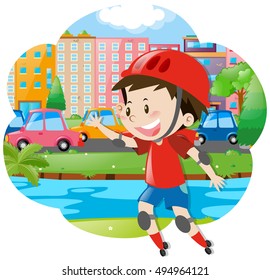 Boy rollerskates in the city illustration