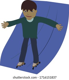 The boy is rollerskating from the mountain