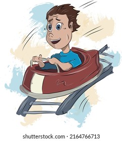 Boy Is Rolling In Cart On Rollercoaster Ride. Vector Illustration