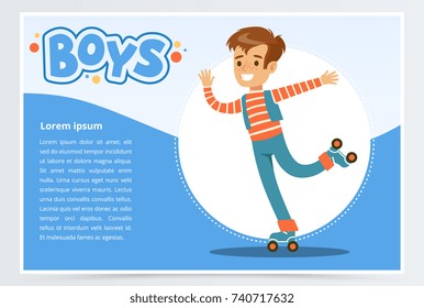 Boy rolling on roller blades, boys banner for advertising brochure, promotional leaflet poster, presentation flat vector element for website or mobile app