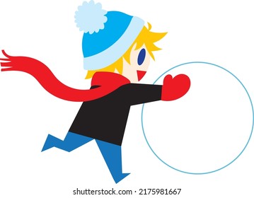 Boy rolling snowball on playground.