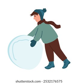 Boy rolling snowball. Teenager playing with snow, making snowman. Vector illustration of winter fun, holiday and vacation activities