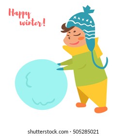 Boy rolls a snowball.  Vector illustration. Cartoon character. Isolated on white background. Flat. Makes a snowman