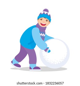 The boy rolls the snowman. Character design isolated, vector illustration