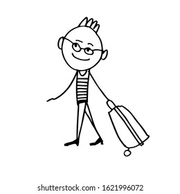 The boy rolls a suitcase on wheels. Cartoon character, Doodle illustration. Vector.