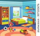 Boy room with big window suffused with light. With bed, cupboard, shelves, and toys on the floor. Flat style cartoon vector illustration.