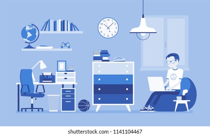 Boy room interior design. Male modern apartment project, teenage private space with furniture and traditional blue decoration to enjoy comfortable living. Vector illustration, faceless characters