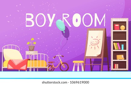 Boy room in violet color with bed, shelves with books, bike, board with drawing cartoon vector illustration