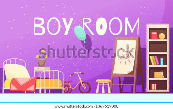 Boy room in violet\
color with bed, shelves with books, bike, board with drawing\
cartoon vector\
illustration