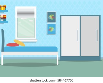 Boy room with window with display with other things. ilustration flat