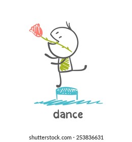 boy with a rose in her mouth dancing on a chair illustrator