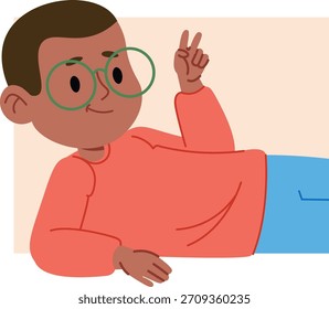 Boy with round glasses reclining, soft flat shading, clean lines, casual pose, raised fingers. Youth lounging, calm gesture, friendly smile, smooth shapes, geometric forms, Cartoon vector illustration