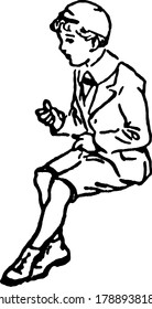 A boy with round hat sitting, vintage line drawing or engraving illustration.