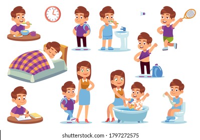 Boy routine. Kid daily activities, little child sleeps bed, wake up in bedroom and takes bath with mother, does homework and eats breakfast in school, plays tennis vector isolated cartoon set