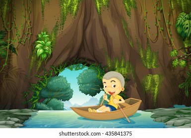 Barco de remo de niños en la ilustración del río