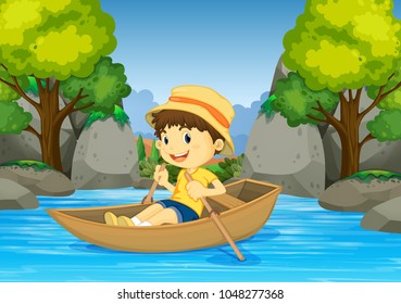 Boy rowing boat in the river illustration