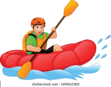 boy rowing a inflatable boat