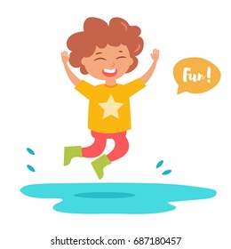 Boy in rubber boots jumping into puddle. Isolated art on white background. Vector. Cartoon. Flat