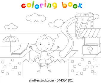 Boy with a rubber ring in the water park swimming pool. Coloring book. Vector illustration