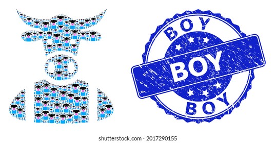 Boy rubber round seal and vector recursive mosaic cow boy. Blue stamp seal has Boy text inside round shape. Vector mosaic is formed from scattered cow boy icons. svg