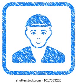 Boy rubber stamp imitation. Icon vector symbol with unclean design and corrosion texture inside rounded square. Scratched blue sticker. Guy face has joy expression. a male person from boy in a cap.