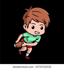 Boy rugby player holding a rugby ball in running pose, chibi mascot character in black background